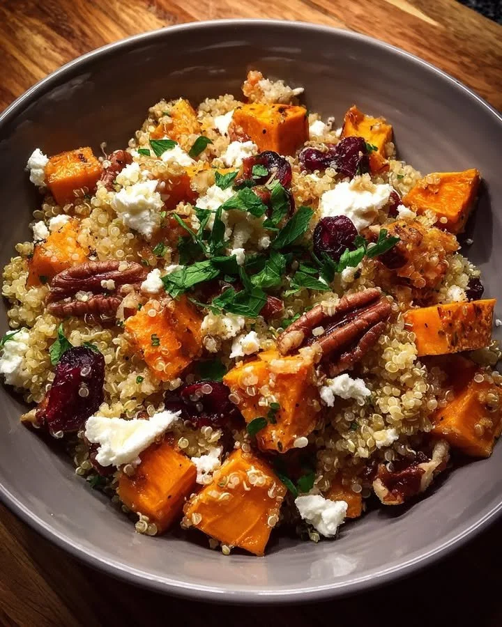 Warm quinoa salad with sweet potato, cranberries, and goat cheese served in a bowl