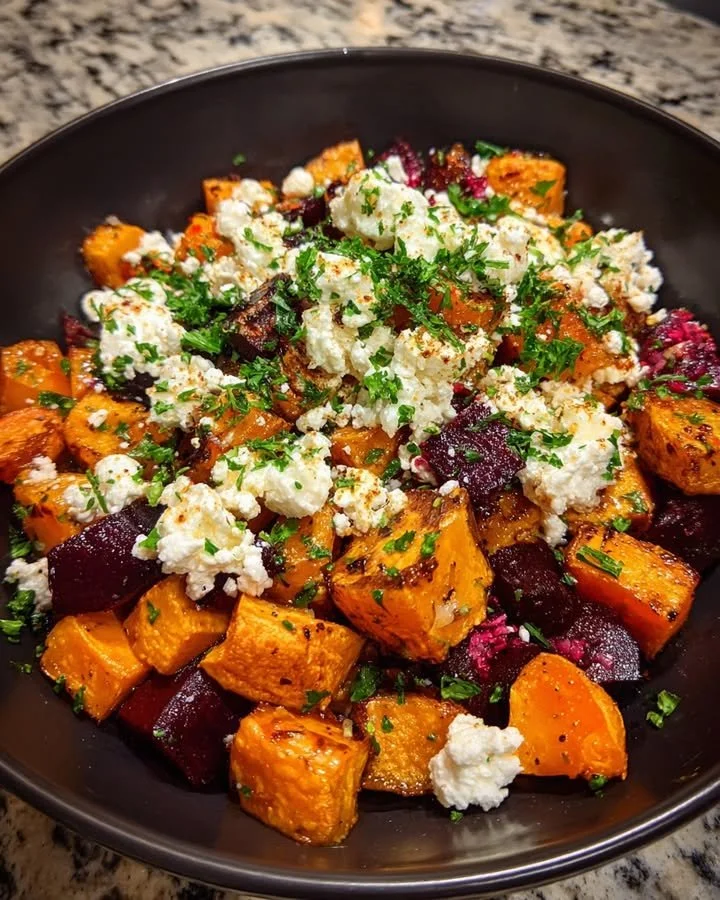 Warm sweet potato and beet bowl topped with feta cheese, cranberries, and lemon-honey dressing