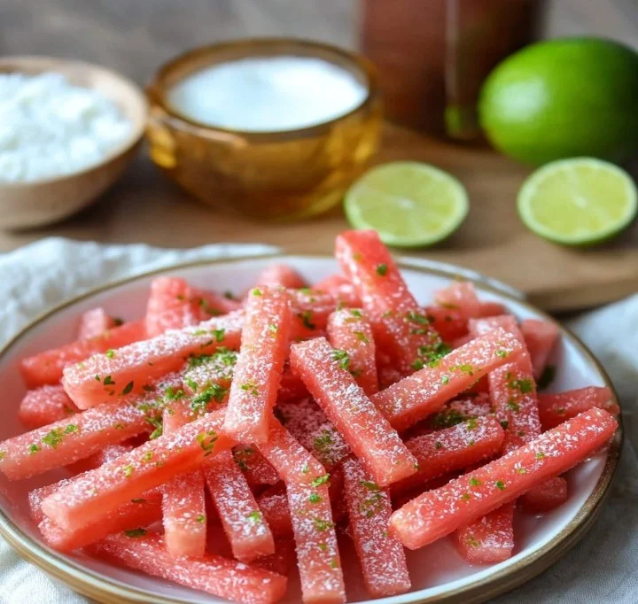 Plate of watermelon fries served with coconut lime dip