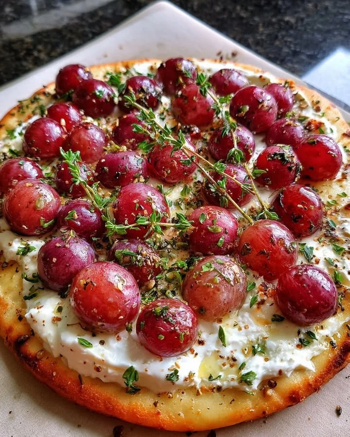 Delicious whipped feta with roasted red grapes and thyme on flatbread