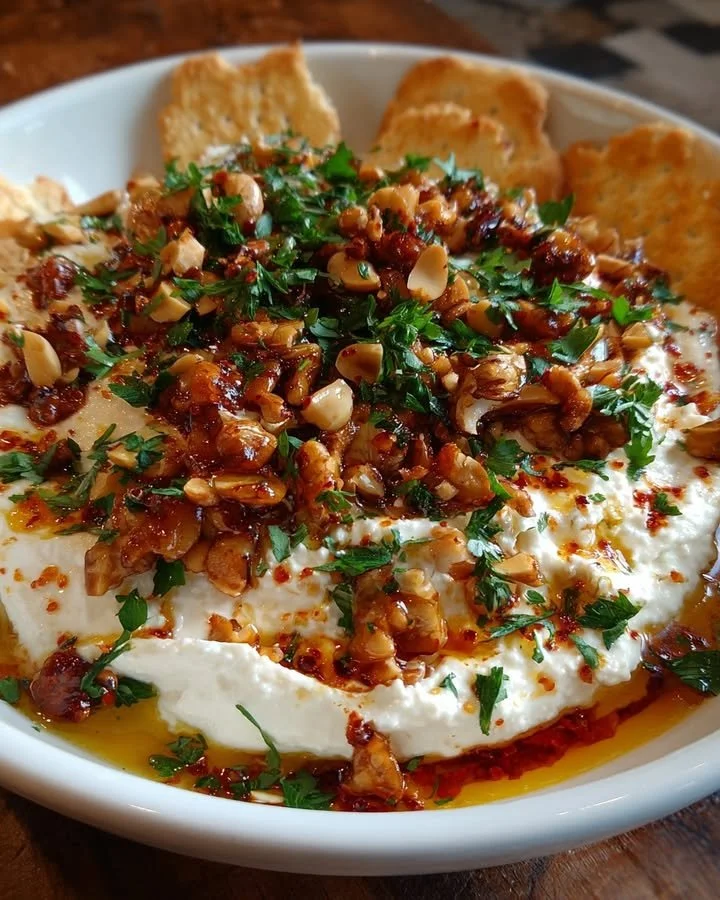Whipped feta topped with chili oil and honey roasted nuts in a serving bowl