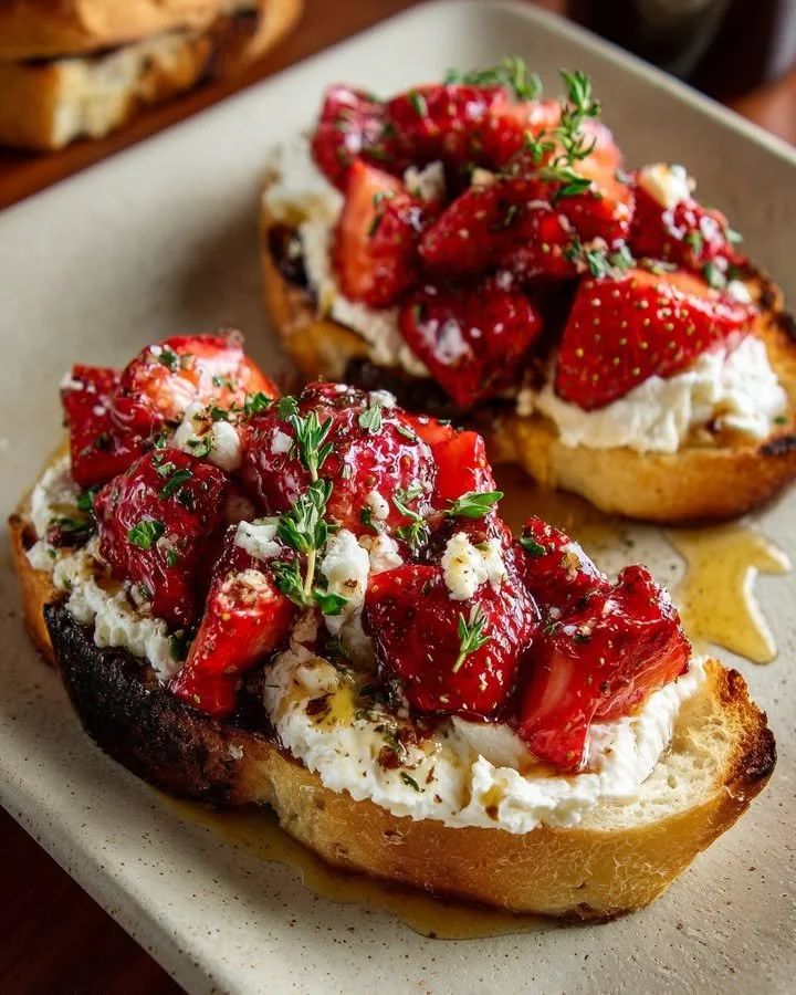 Whipped feta served with roasted strawberries and a balsamic drizzle