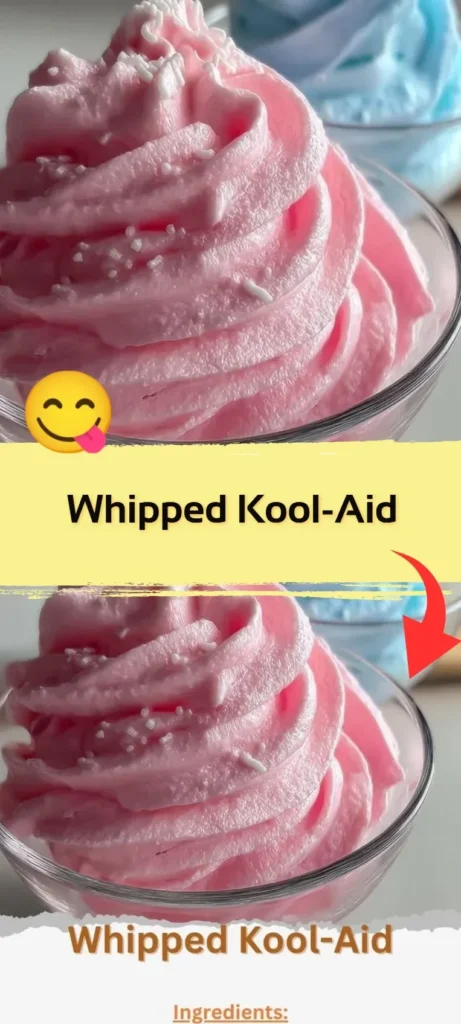 A colorful bowl of Whipped Kool-Aid dessert topped with creamy whipped cream.