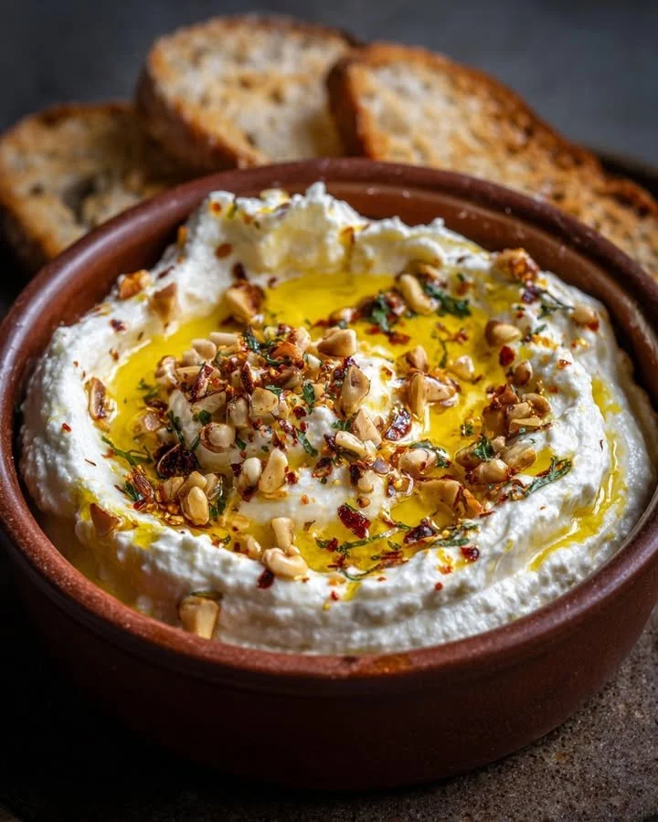 Whipped ricotta topped with honey drizzle and chili crunch in a serving bowl.