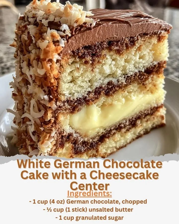 White German Chocolate Cake with Cheesecake Center - A delicious dessert