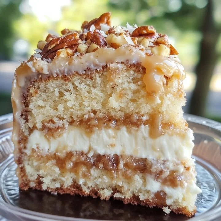 Slice of White German Chocolate Cake with Cheesecake Center on a plate