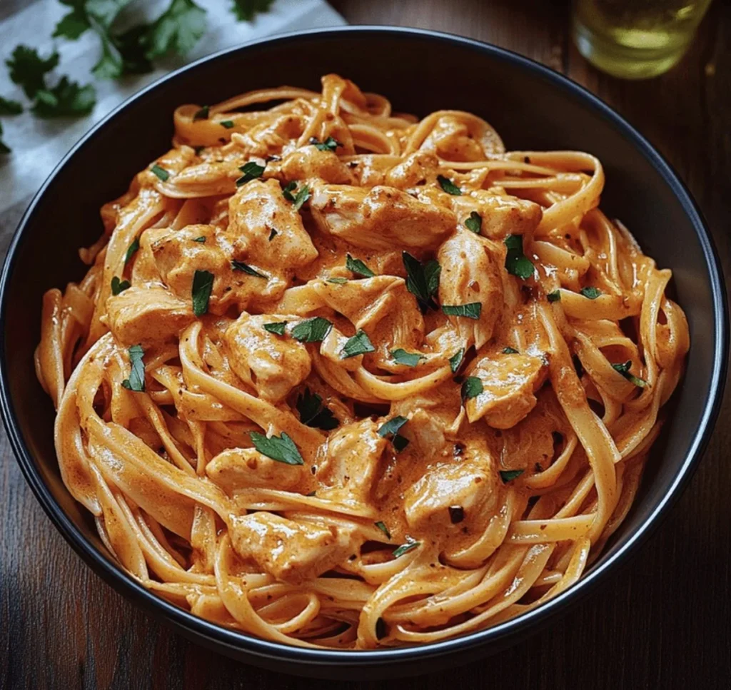 Delicious Cowboy Butter Chicken Linguine garnished with fresh herbs