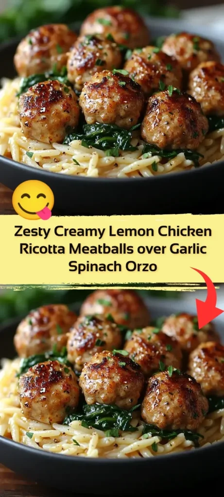Zesty lemon chicken meatballs served over garlic spinach orzo with creamy ricotta.