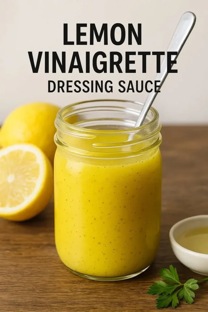 Zesty lemon vinaigrette salad dressing in a glass jar with fresh ingredients