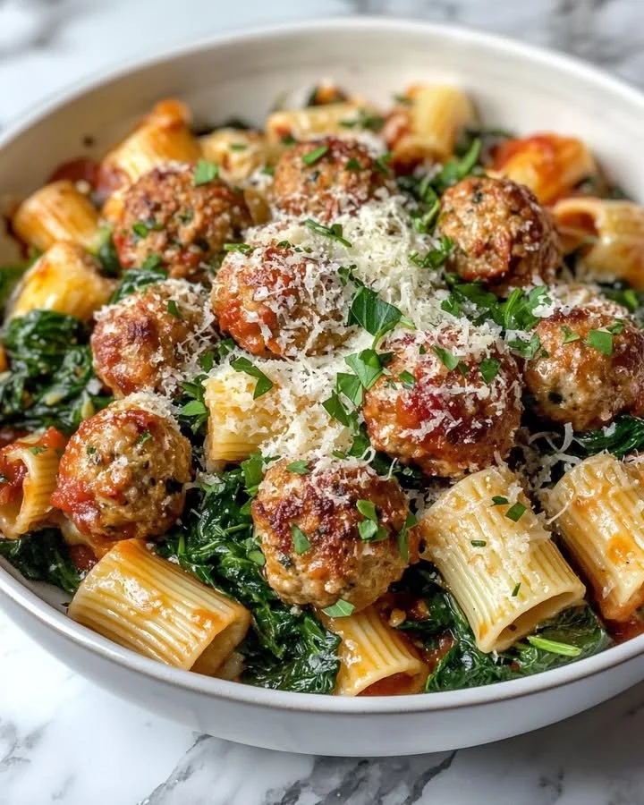 Zesty Turkey Meatballs with Ricotta served on Garlic Spinach Rigatoni