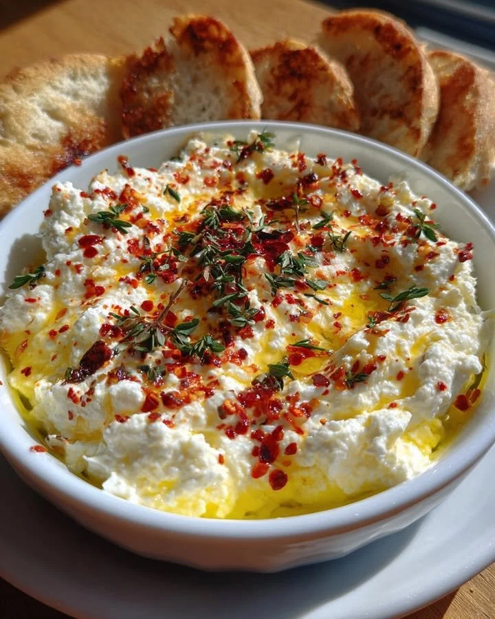 Zesty whipped feta with honey and roasted red pepper flakes in a bowl.