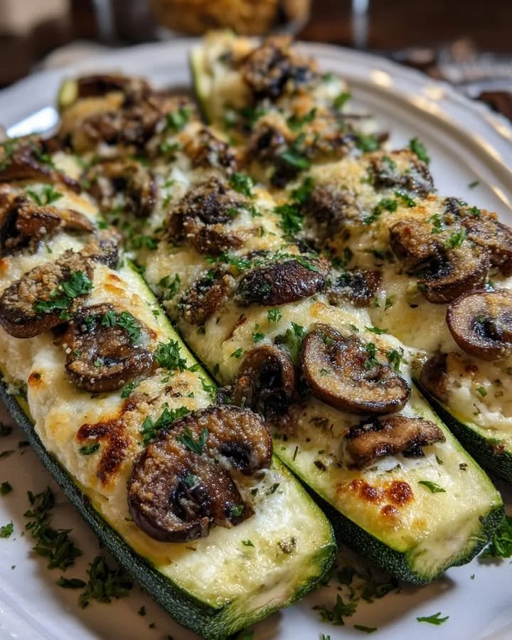 Zucchini boats filled with mushrooms and ricotta, freshly baked and ready to serve.