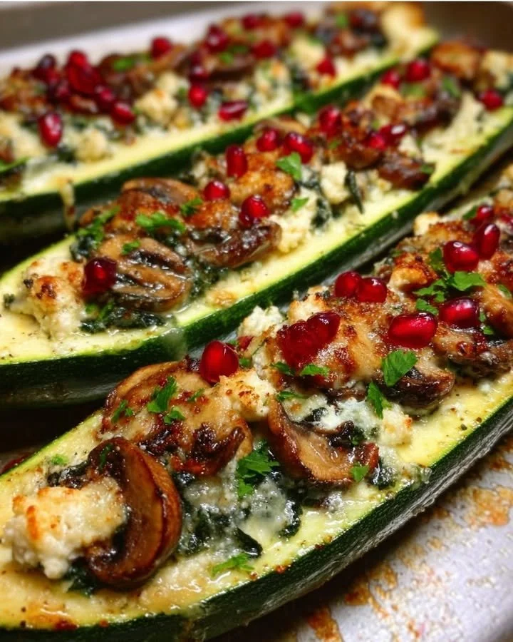 Zucchini boats stuffed with goat cheese, mushrooms, and pomegranate glaze.