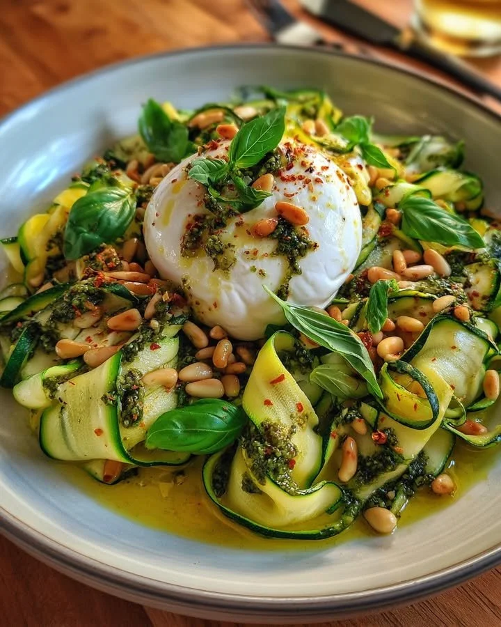 Zucchini Burrata and Pesto Salad garnished with fresh basil.