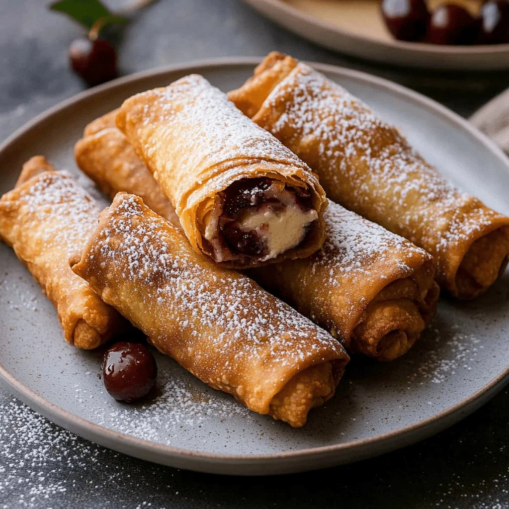 Air fryer cherry cheesecake egg rolls plated with cherry topping and dusted with powdered sugar.