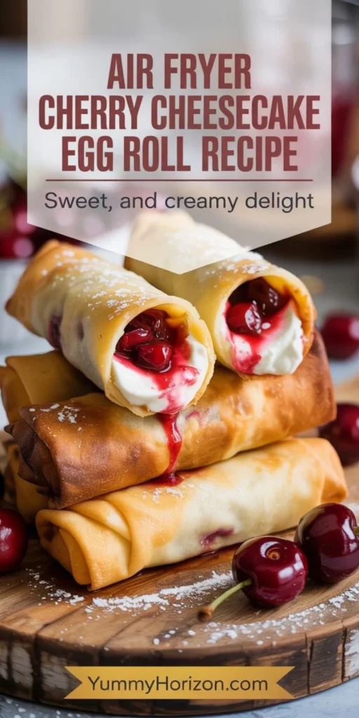 Air Fryer Cherry Cheesecake Egg Roll served on a plate with cherry topping