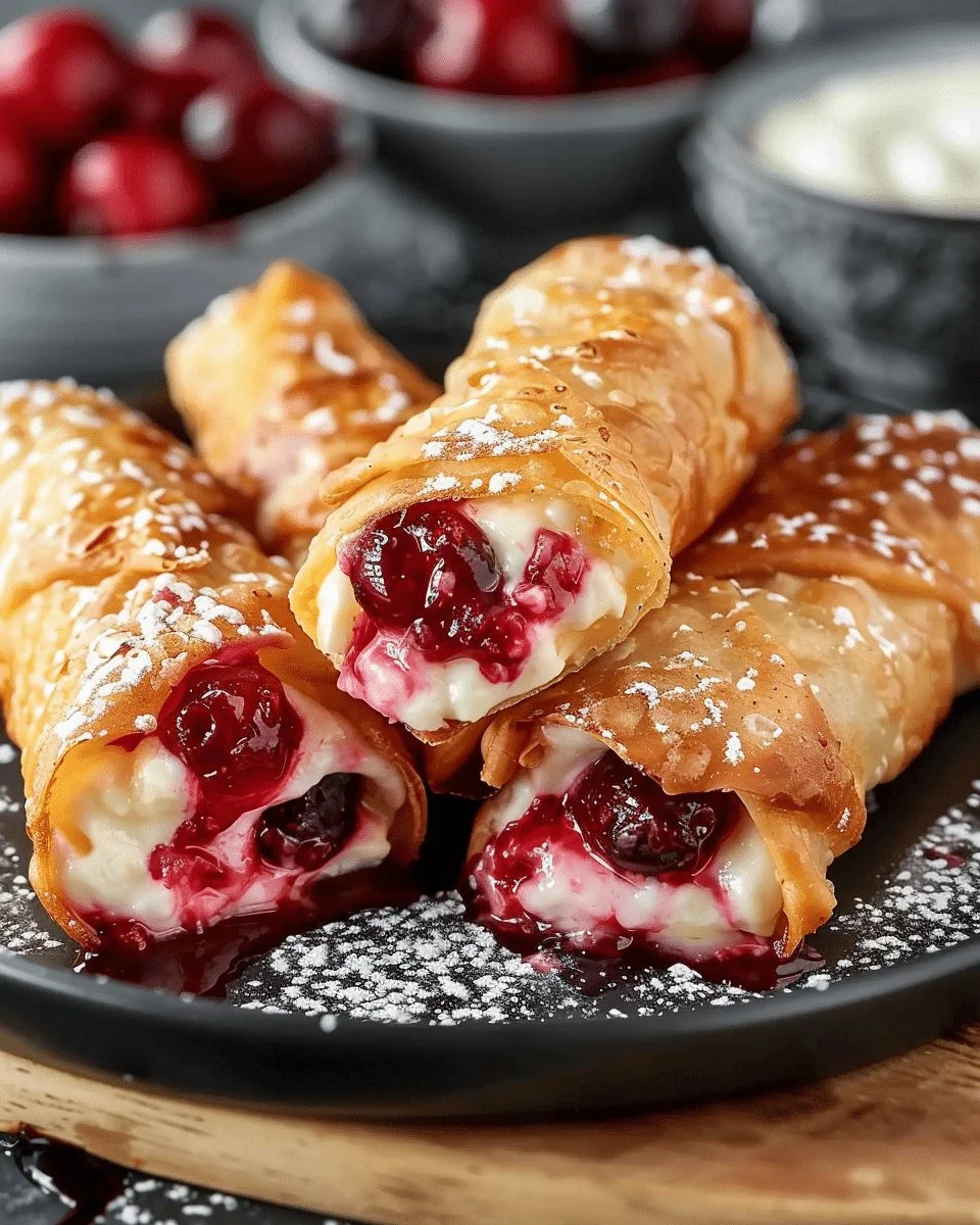 Air fryer cherry cheesecake egg rolls dessert plated with cherry topping