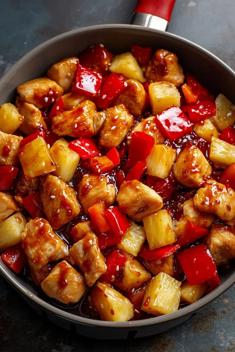 Delicious air fryer pineapple chicken dish served with vegetables