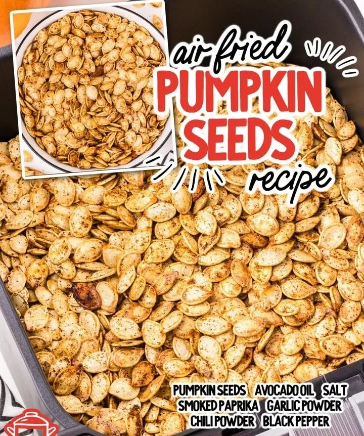 Crispy air fryer pumpkin seeds recipe served in a bowl.