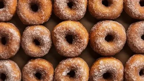 Homemade Apple Cider Donuts topped with cinnamon sugar and served fresh
