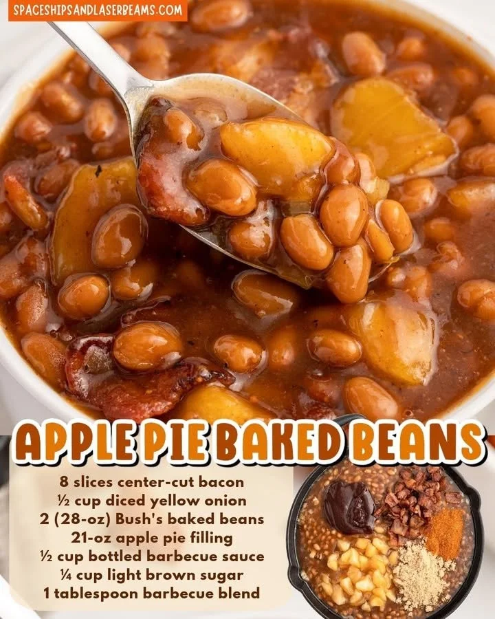 Bowl of delicious Apple Pie Baked Beans served with a spoon