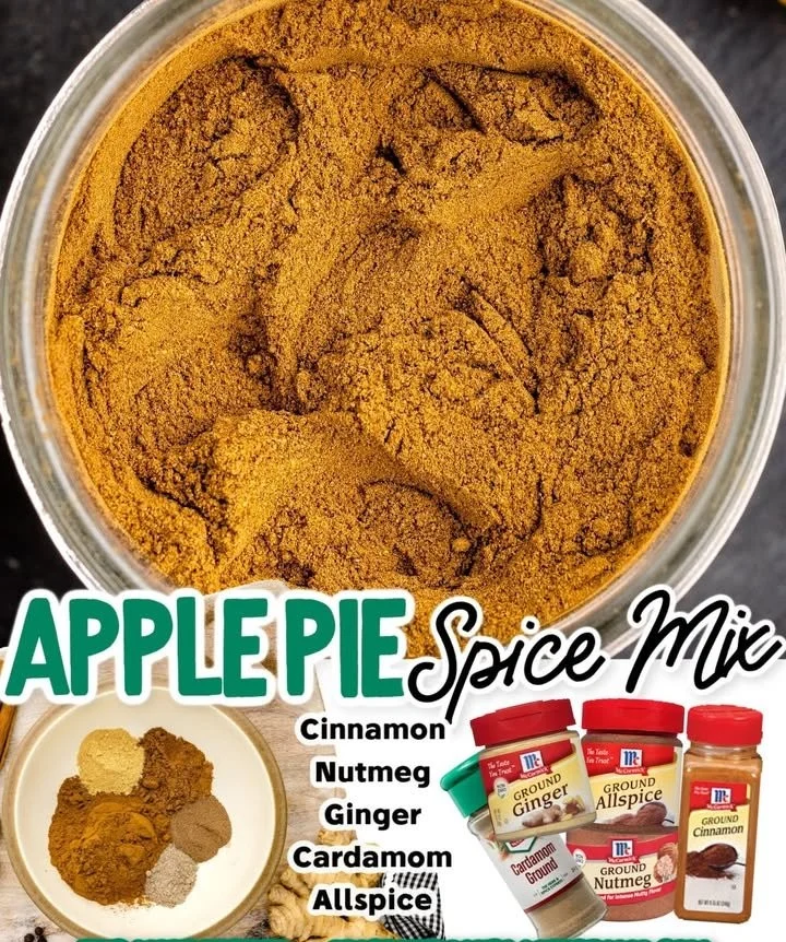 A jar of Apple Pie Spice with cinnamon, nutmeg, and sugar spices for baking