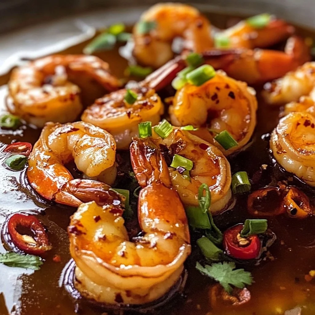 Delicious Asian shrimp recipe served with vegetables and herbs