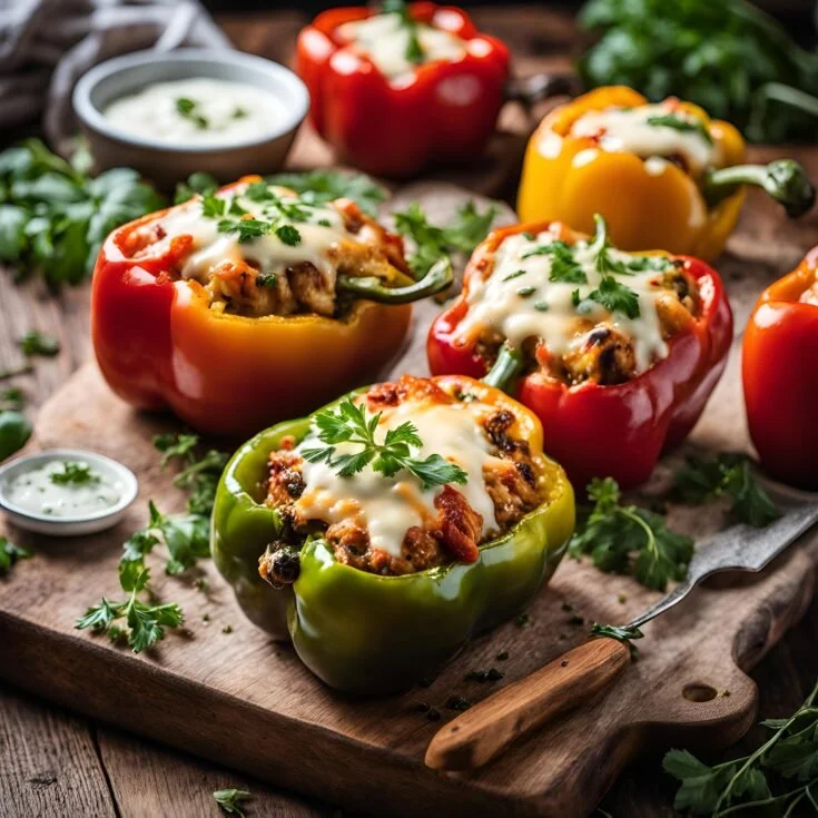Baked Greek Stuffed Peppers filled with chicken and herbs