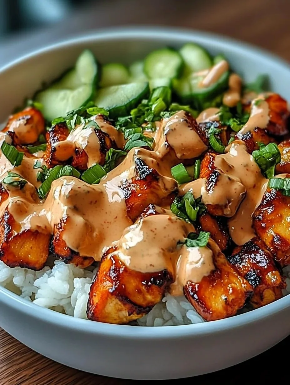 Delicious Bang Bang Chicken Bowl served with fresh vegetables and sauce