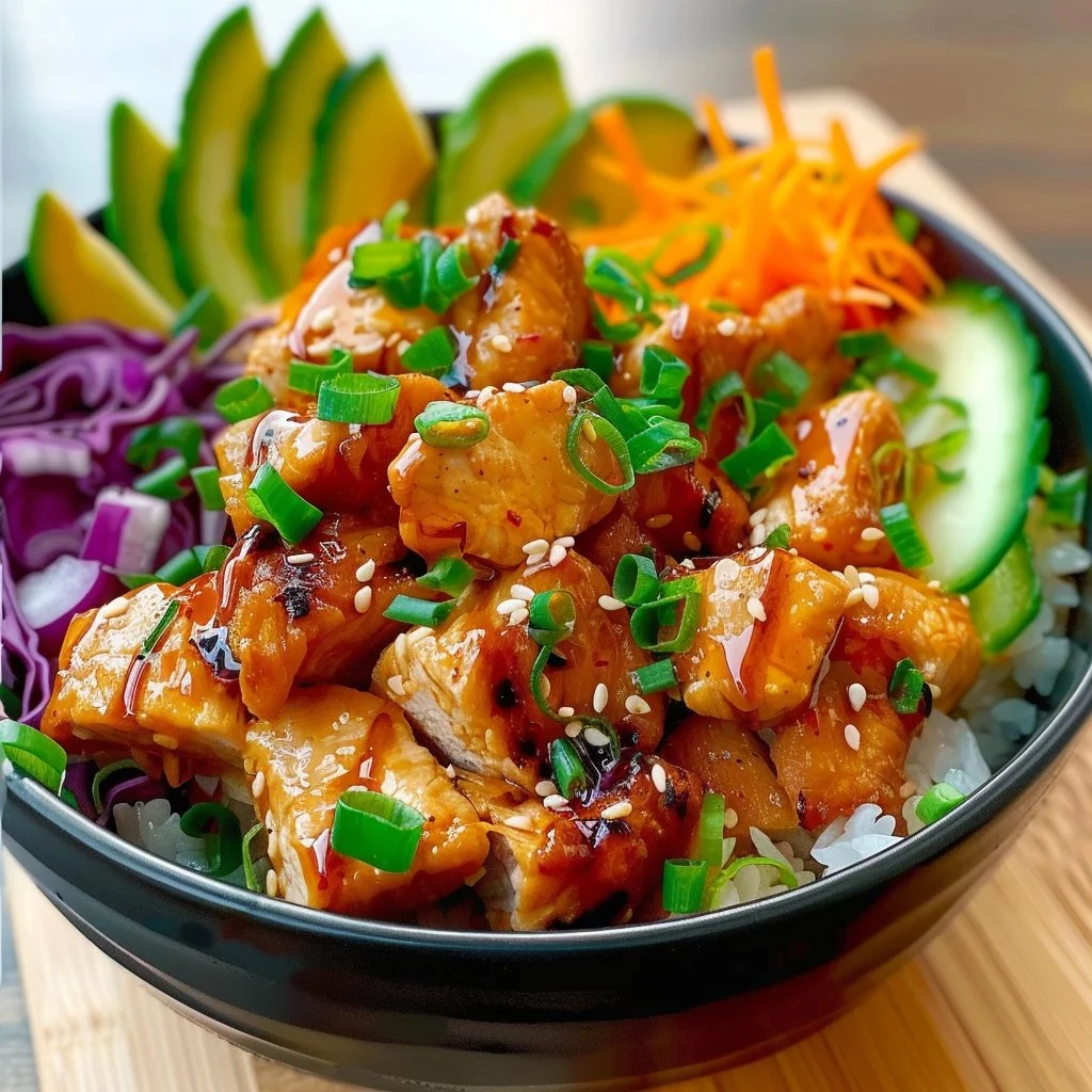 Bang Bang Chicken Bowl topped with fresh vegetables and spicy sauce