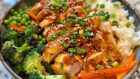 A vibrant Bang Bang Chicken Bowl featuring tender chicken, veggies, and a spicy sauce.