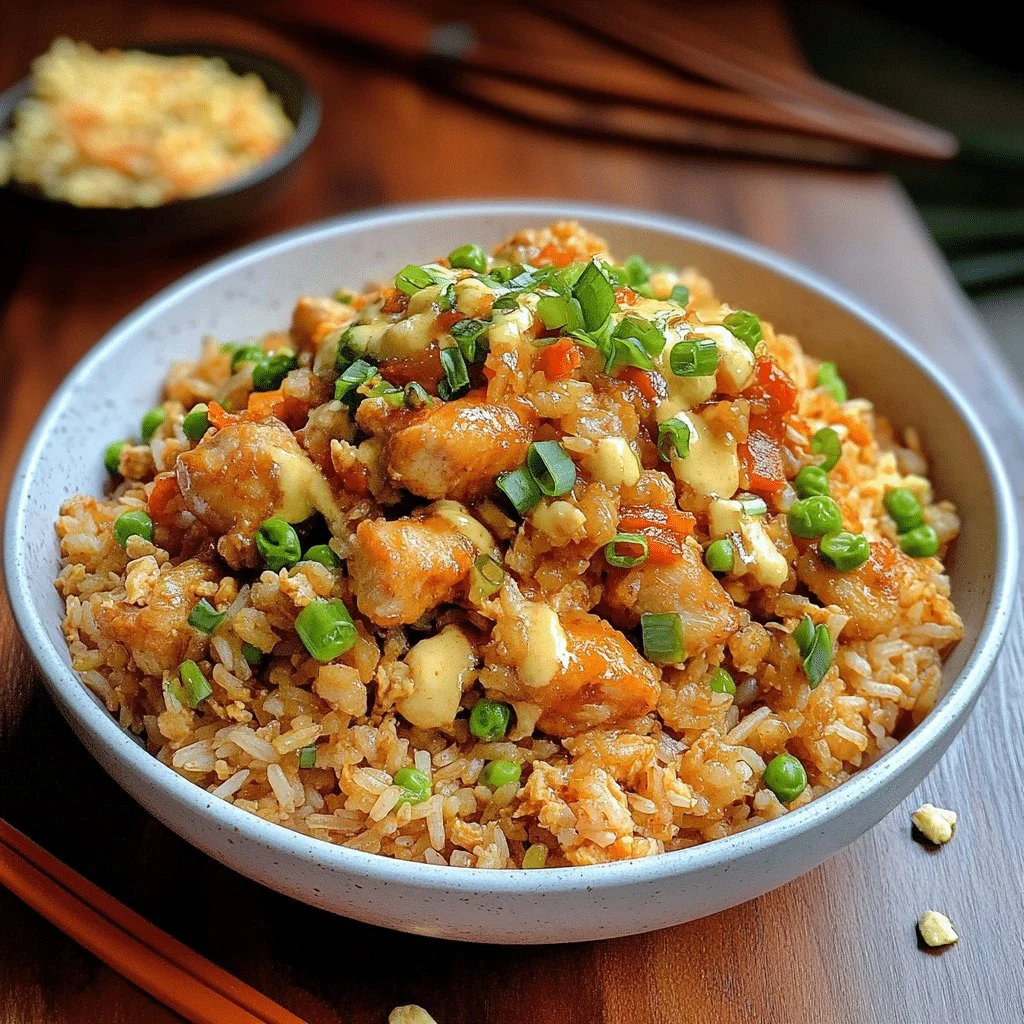 Plate of Bang Bang Chicken Fried Rice with vibrant vegetables and sauce