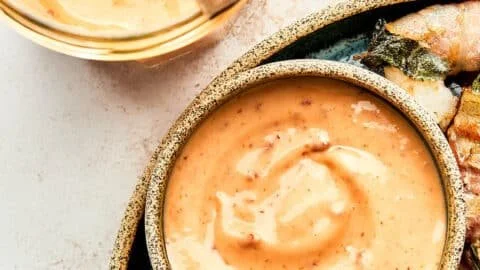 Homemade Bang Bang Sauce served with shrimp and vegetables