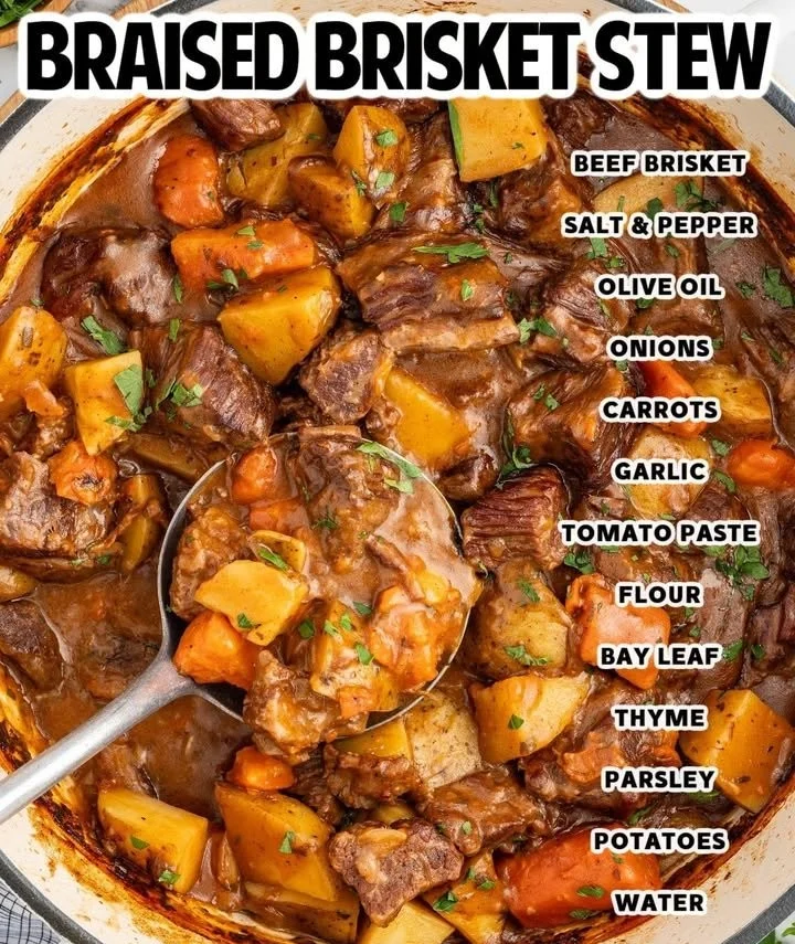 Delicious beef brisket stew served in a bowl with vegetables