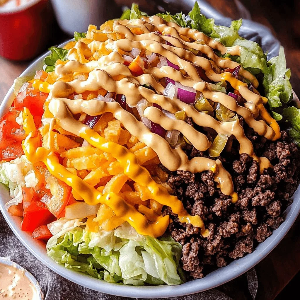 Big Mac Salad with lettuce, tomatoes, and special sauce in a vibrant bowl