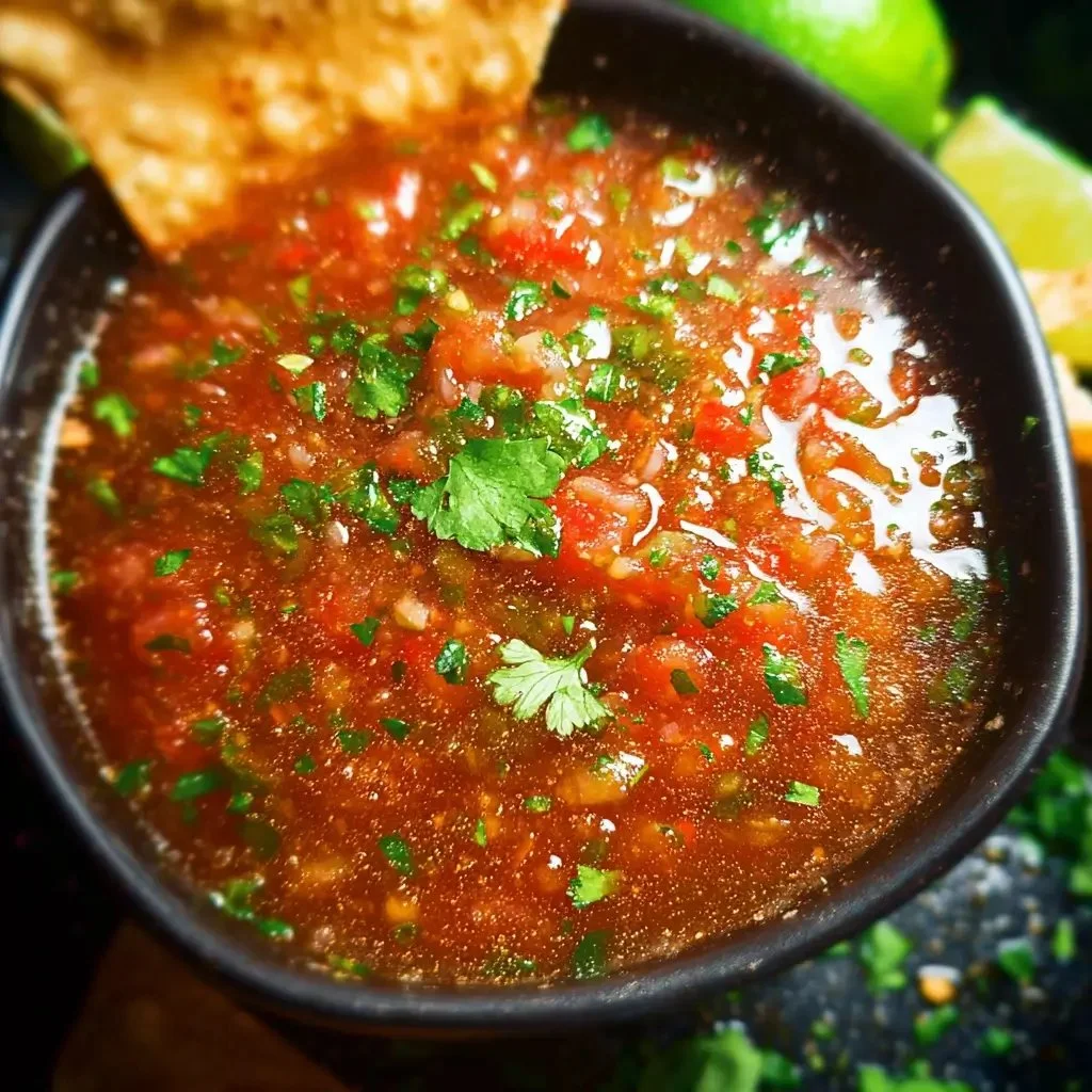 Delicious homemade Blender Salsa in a bowl ready to serve.