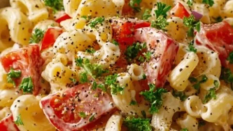 Delicious BLT macaroni salad with bacon, lettuce, and tomatoes in a bowl.