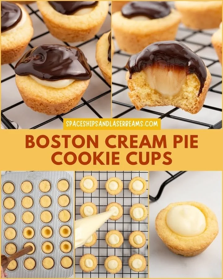 Boston Cream Pie Cookie Cups topped with chocolate and whipped cream
