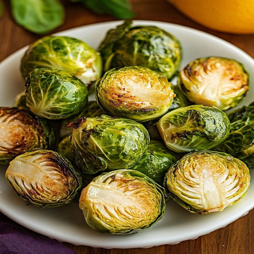 Crispy Brussels sprouts cooked in an air fryer, served as a healthy side dish.