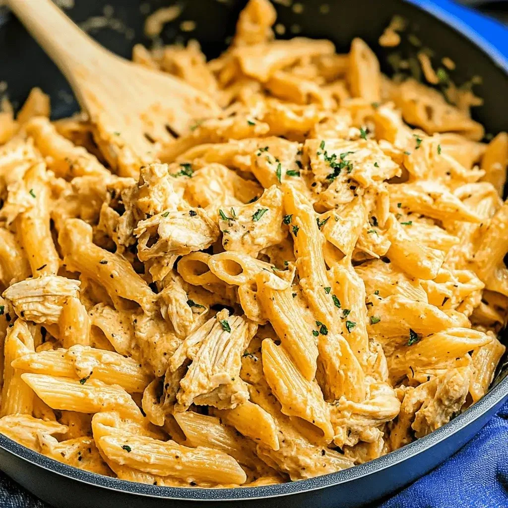 Bowl of creamy Buffalo Chicken Pasta topped with green onions and cheese