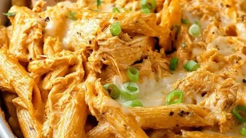 Buffalo Chicken Pasta Bake with melted cheese and spicy chicken