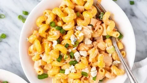 Delicious Buffalo Chicken Pasta Salad served in a bowl with vibrant vegetables.