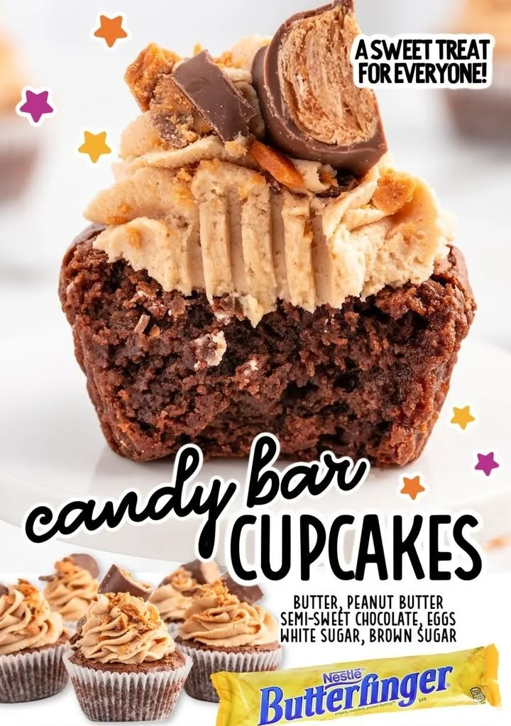 Delicious Butterfinger cupcakes topped with chocolate frosting and crushed Butterfinger candy.