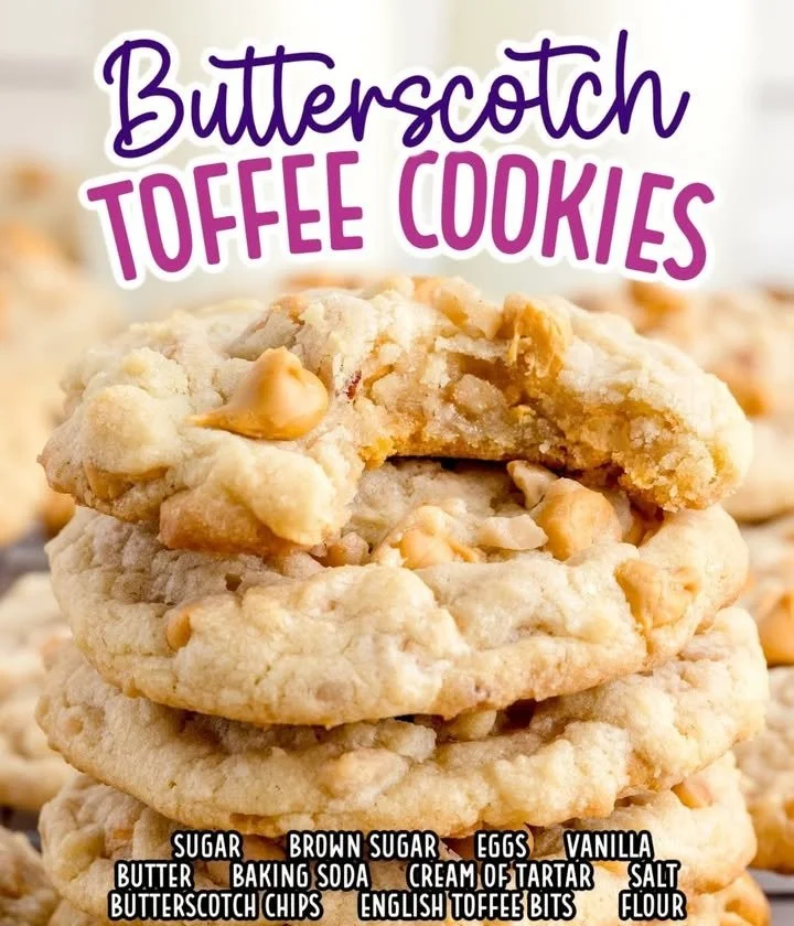 Freshly baked butterscotch toffee cookies on a cooling rack