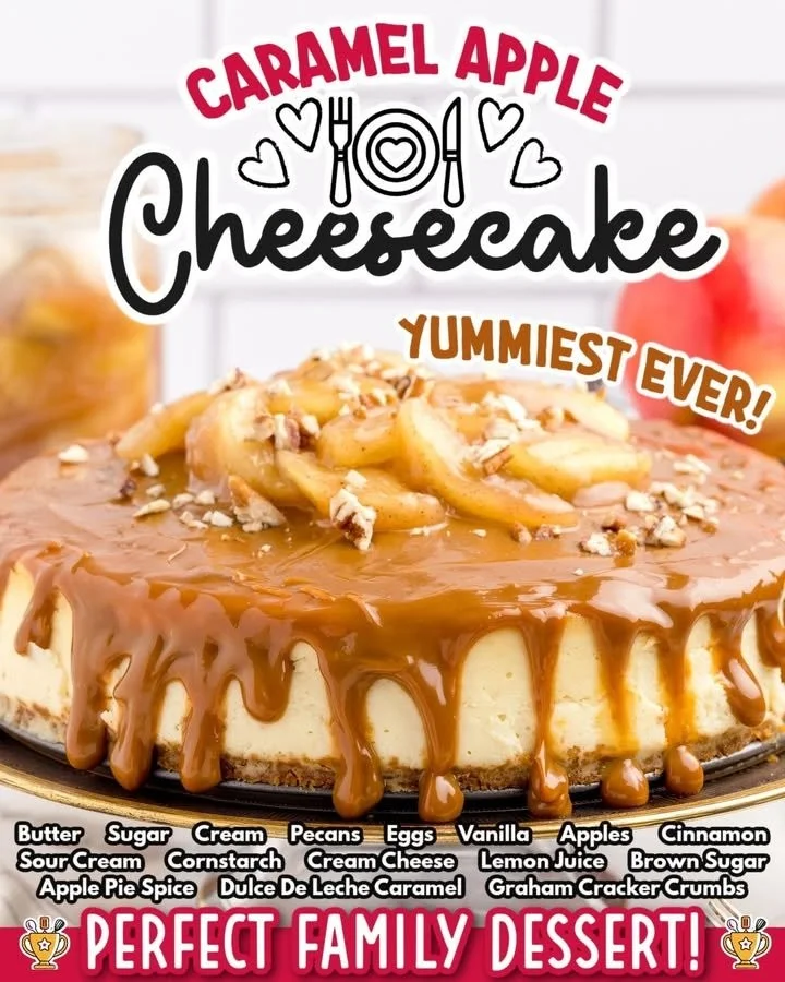 Delicious caramel apple cheesecake topped with caramel drizzle and apple slices.