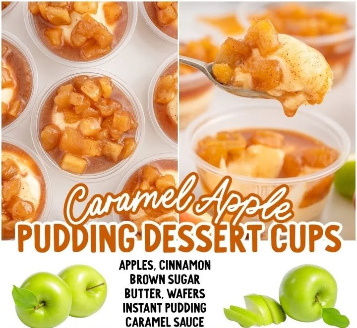 Caramel apple dessert cups topped with whipped cream and caramel drizzle
