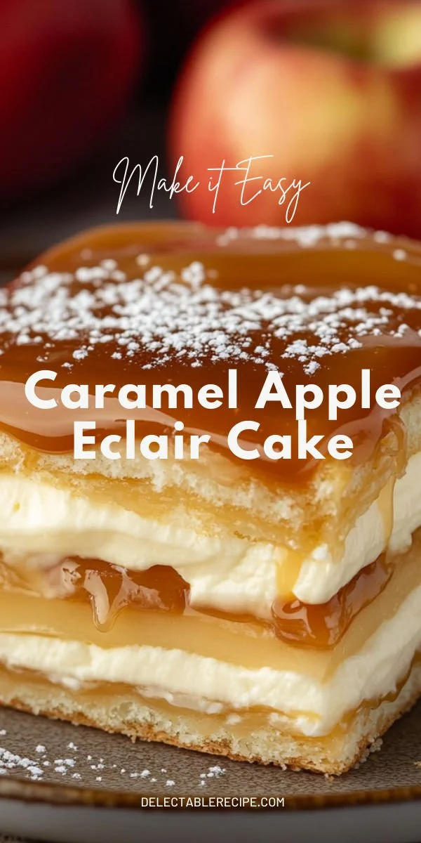 Delicious caramel apple eclair cake topped with caramel sauce and apple slices