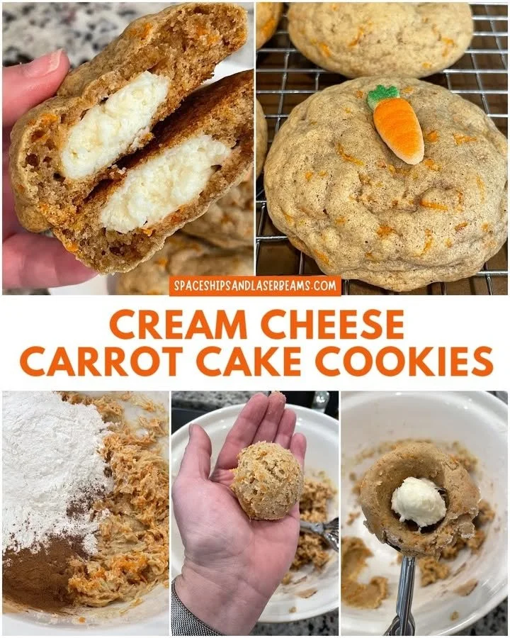Delicious carrot cake stuffed cookies featuring cream cheese frosting and spices.