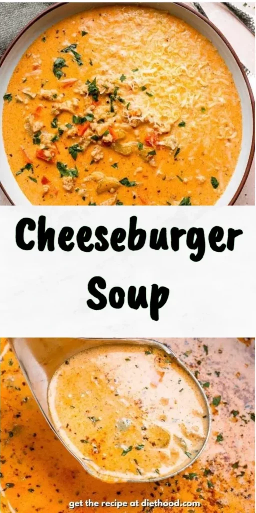 Bowl of delicious cheeseburger soup topped with cheese and herbs