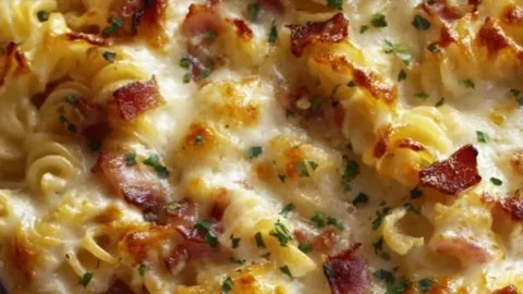 Cheesy Chicken and Bacon Pasta Bake served in a baking dish